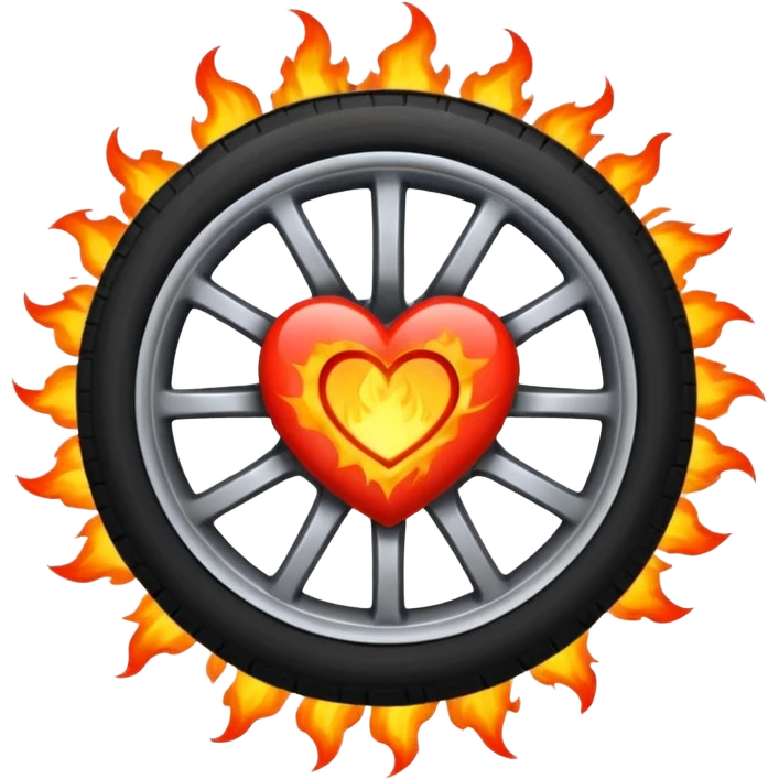 a burning car wheel, and in the center of the wheel there is a red heart emoji