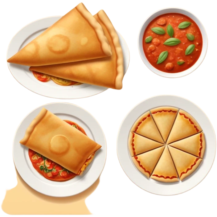 three plates, one plate with a crispy dosa, one plate with pizza and one plate with ravioli emoji
