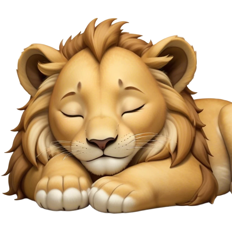 Meme-Worthy Cute Sleeping Lion Cub Portrait Emoji, Head resting peacefully with a contented smile, showcasing a robust build and a luxuriously soft tawny Fur with a flowing mane, eyes shut in a serene, restful nap, Simplified yet hilariously adorable features, highly detailed, glowing with a soft, drowsy light, high shine, relaxed and utterly lovable, stylized with an air of playful laziness, bright and heartwarming, soft glowing outline, capturing the essence of a comically sleepy Lion Cub, so meme-worthy it feels like it could instantly become the next viral sensation of adorable slumber! emoji