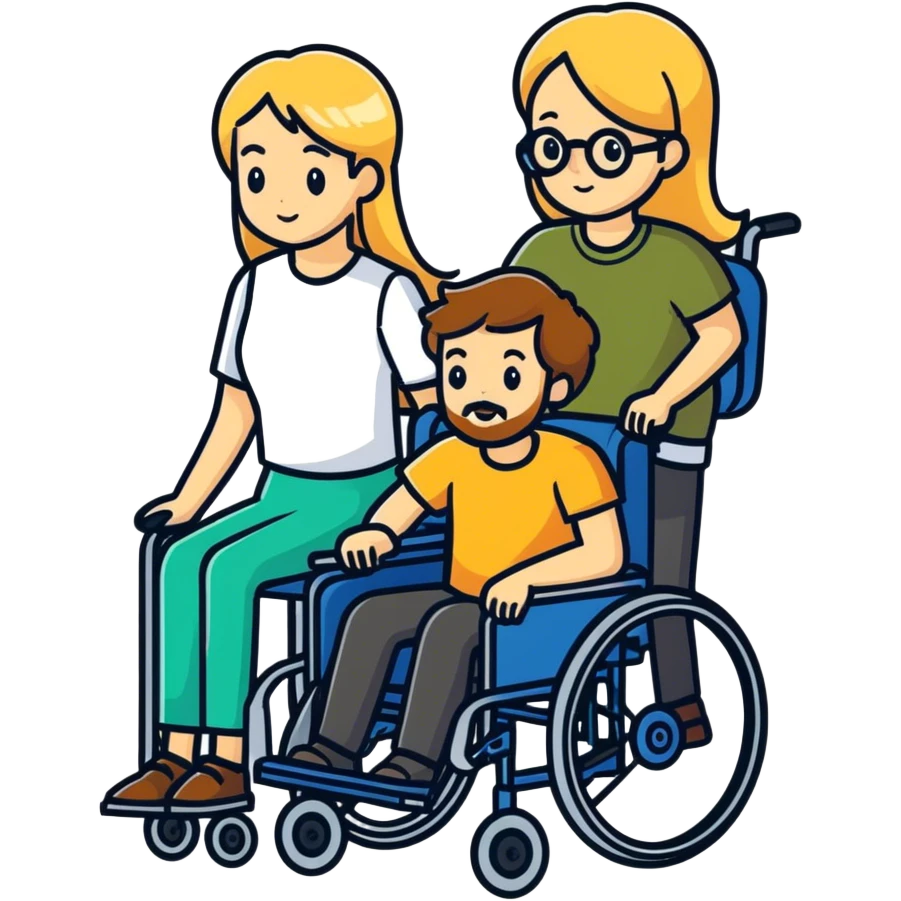 Brown haired man with a beard in a wheel chair with long blonde haired mom pushing emoji