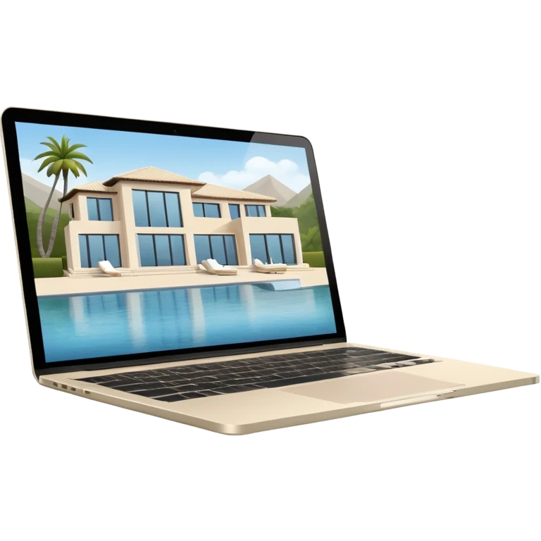 
light beige open macbook sideways with luxury villa on screensaver emoji