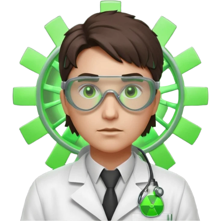 nuclear scientist portrait, head and shoulders only, wearing lab coat collar, protective goggles, glowing green radiation symbol badge, serious expression, sci-fi laboratory vibe, 3D cartoon, mobile game icon style, clean background, no text, no watermark
 emoji