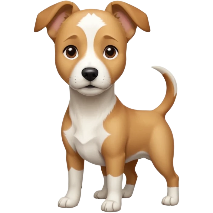 a full body facing front on of a buff white beagle cross jack russell terrier looking dog the size of a kelpie with light brown long ears resting on its face and a light brown patch above one eye and a large snout. the rest of the dog is completely white.  emoji