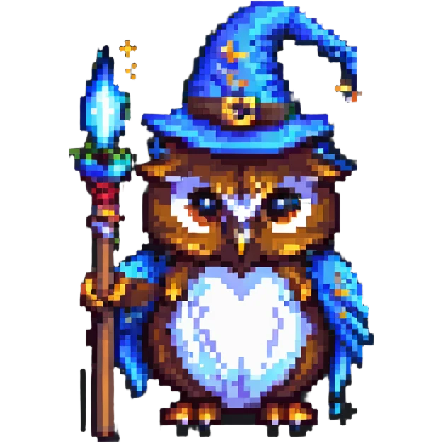 pixel art owl with a wizard hat, holding a wand emoji