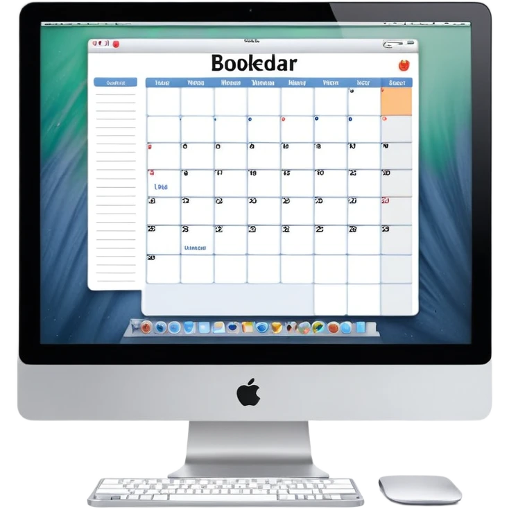 front view of an iMac with a single day-calendar on the screen, vertical list of hours on the left, horizontal rows for client slots, some slots marked as booked emoji