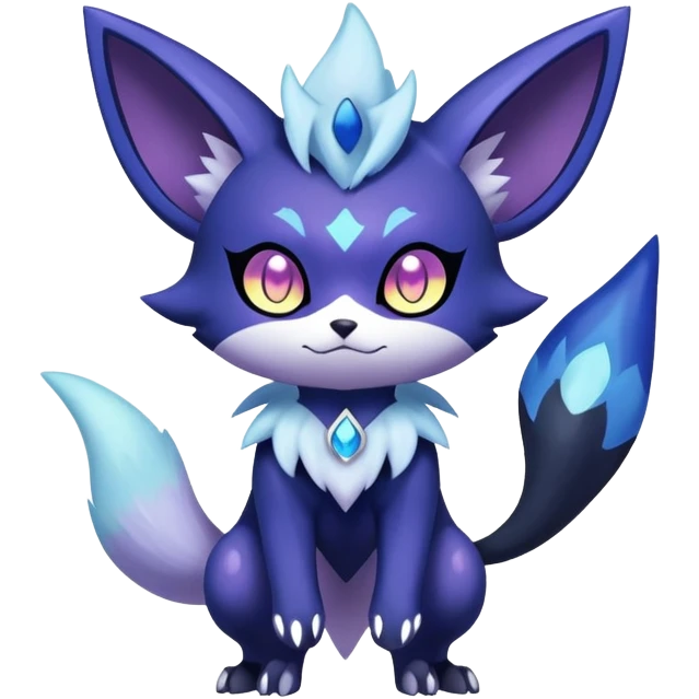 Shiny Exotic Badass Colorful Ethereal Royal Mysterious Gothic Meowstic-Zorua-Noibat-Pokémon-Fakémon-hybrid-creature (full body) with random pattern-markings emoji