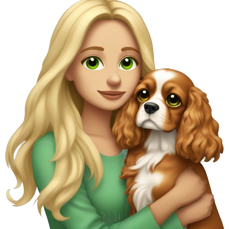 I am a sweet, cozy, beautiful blonde with long hair, green eyes, hugging my beloved Cavalier King Charles Spaniel dog in a shade of Blenheim emoji