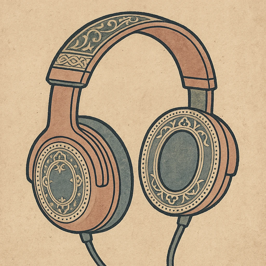 pink gothic headphones with illuminated manuscript-inspired gothic details, medieval art style emoji