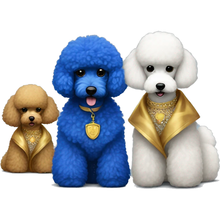 Royal blue and gold fur jackets on Black poodle and white poodle best friends emoji