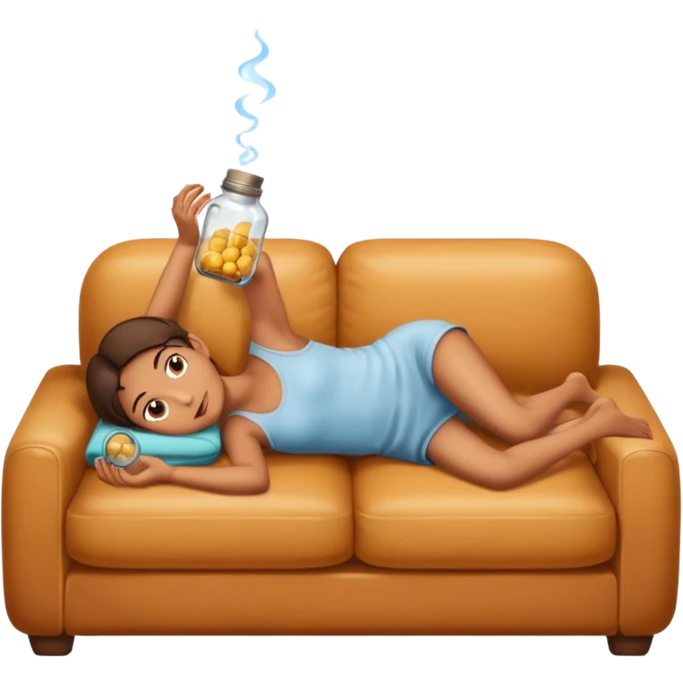 Make me an emoji of a person lying on a couch with small glass jars stacked on their back. emoji