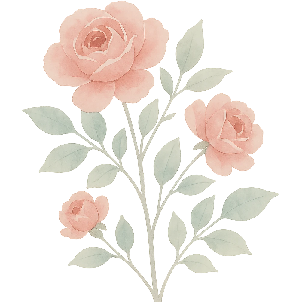 close-up of a rose bush with fine color transitions, clusters of roses, naturalistic leaves, watercolor art style emoji