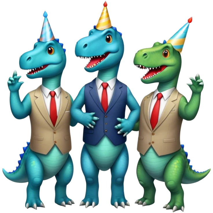 three office dinosaurs in office suits celebrating birthday emoji