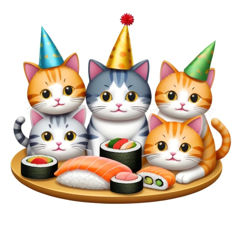 Cats gathered around sushi at a birthday party emoji