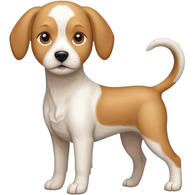 a full body white beagle x maltese x chi dog the size of a kelpie with light brown ears and a light brown patch on one eye emoji