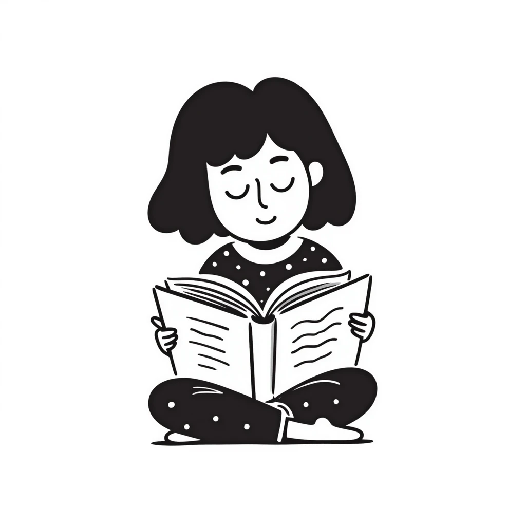 Cute girl sitting cross-legged reading from an open notebook with concentration emoji