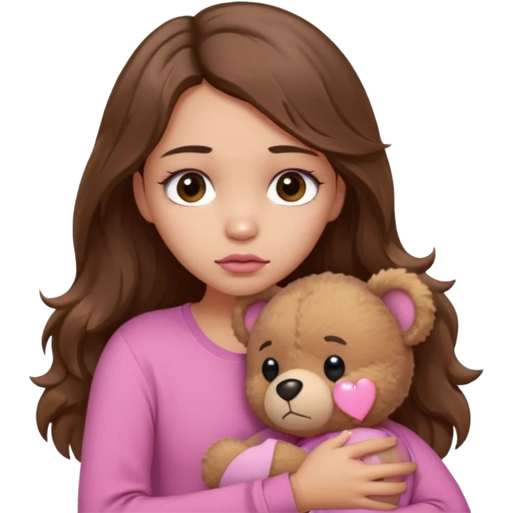 girl with long wavy brown hair, brown eyes, light to medium complexion, in a pink shirt, pink lips, long lashes, sad, hugging squeezing a teddy bear with a broken heart emoji