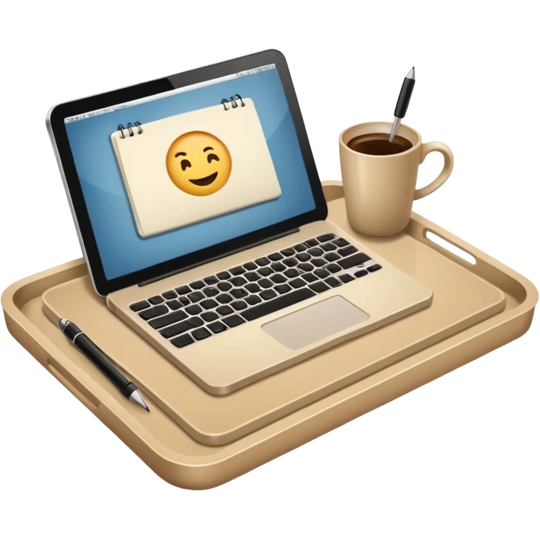 Laptop on the rectangular beige coffee tray, coffee and notebook emoji