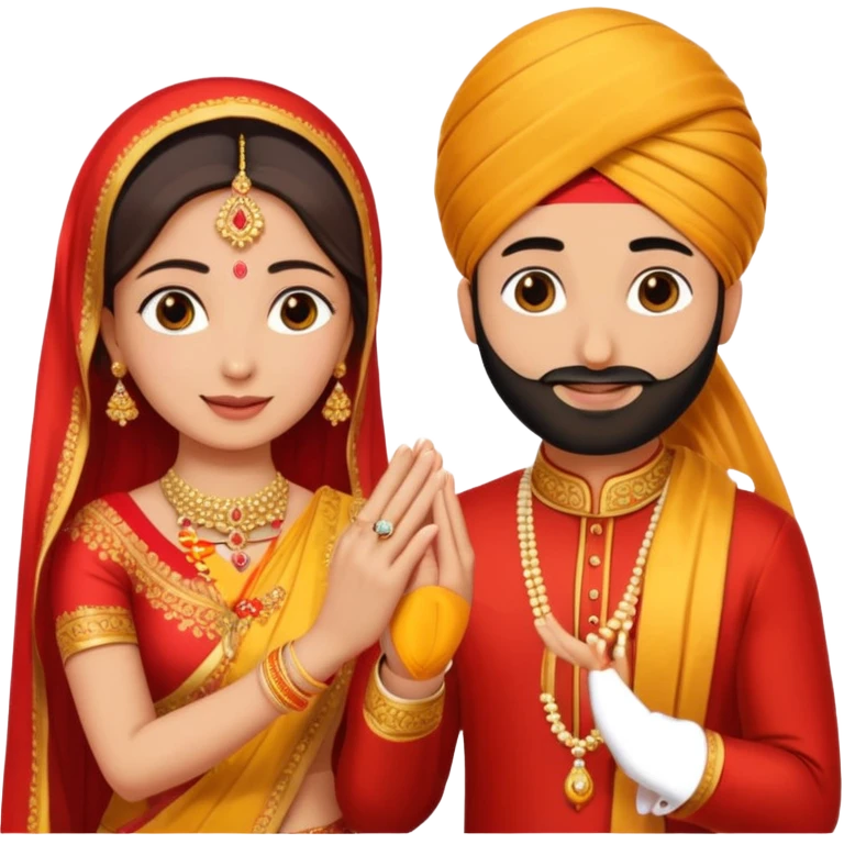 Two hands in a engagement..One hand of groom and one hand of bride. Bride hand - red/yellow saree. groom- light orange punjabi (oonly hands will be visible in the image). Groom's hand is holding a ring emoji