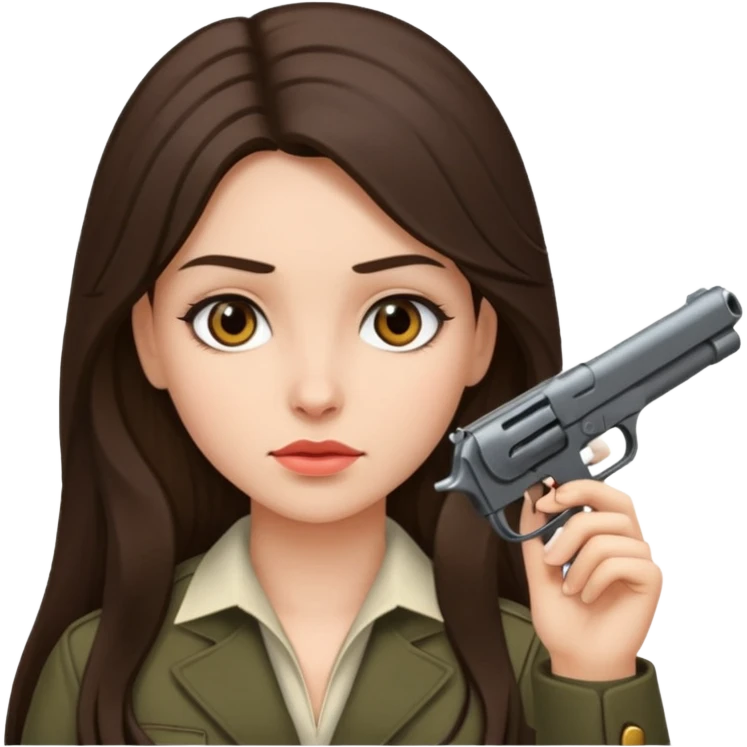 A brunette with long hair girl who is about to kill herself with a littlr gun pointed at her temple emoji