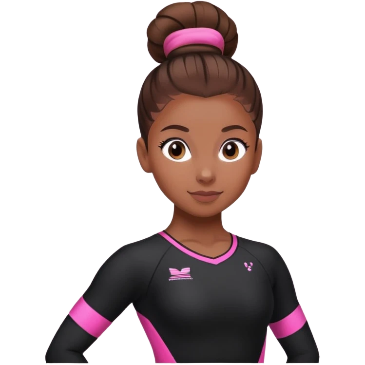 A female gymnast with brown hair in a neat bun, wearing a black uniform with pink elements. emoji