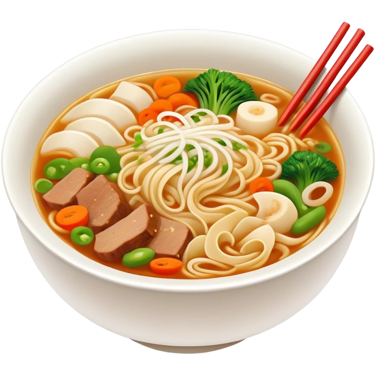 Henan Stewed Noodles with clear soup and vegetables, simplified emoji style with bold outlines and bright colors, cartoon style traditional Hui Mian in bowl emoji