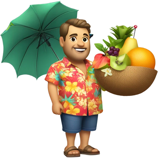 Fat guy standing in hawai shirt and fancy drink emoji
