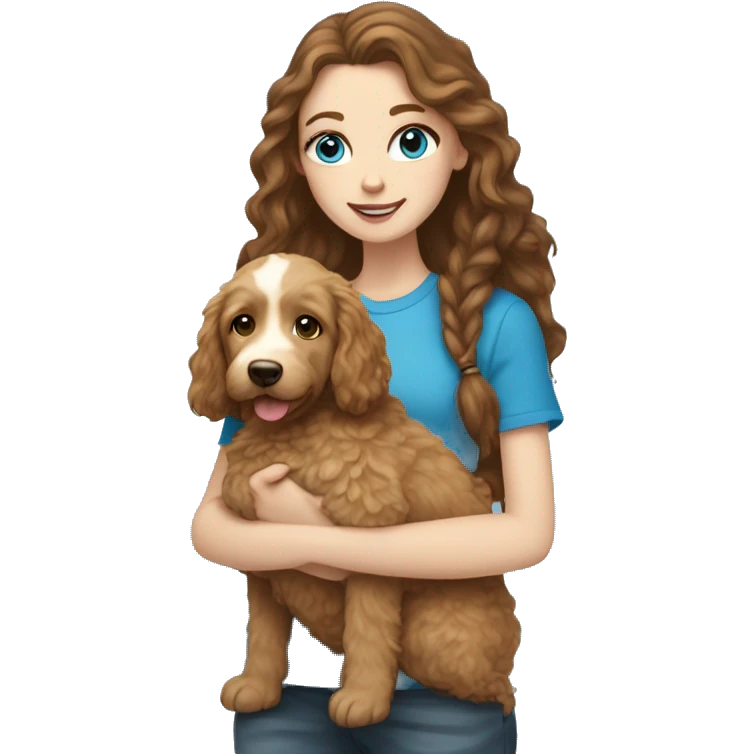 white girl with long brown hair and blue eyes holding a golden doodle puppy  emoji