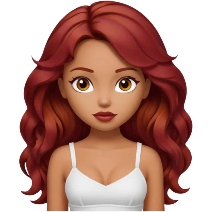 a pretty bratz tan girl with wavy dark red hair wearing a white cami top. Skintone is tan emoji