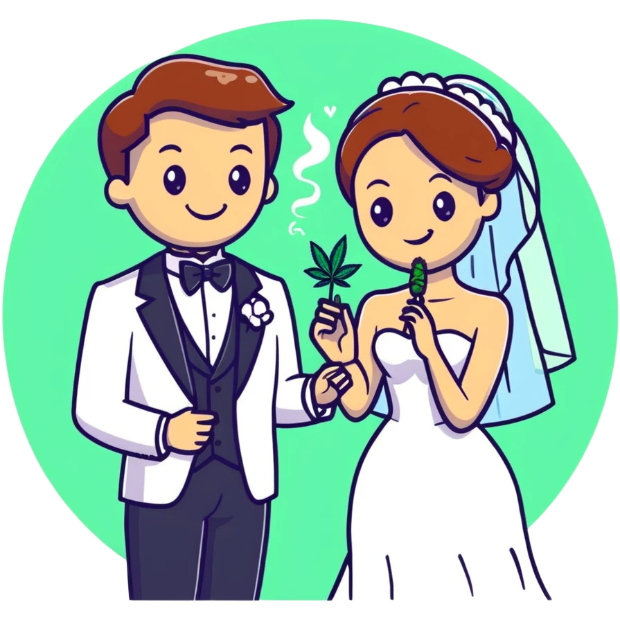 Bride in white dress and groom in tuxedo sharing a cannabis joint, cheerful cartoon wedding couple with festive colorful background emoji
