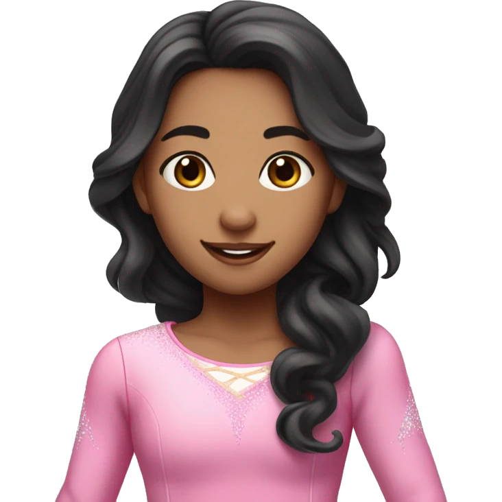 Girl with long black wavy hair and a cute pink figure skater outfit ice skating  emoji