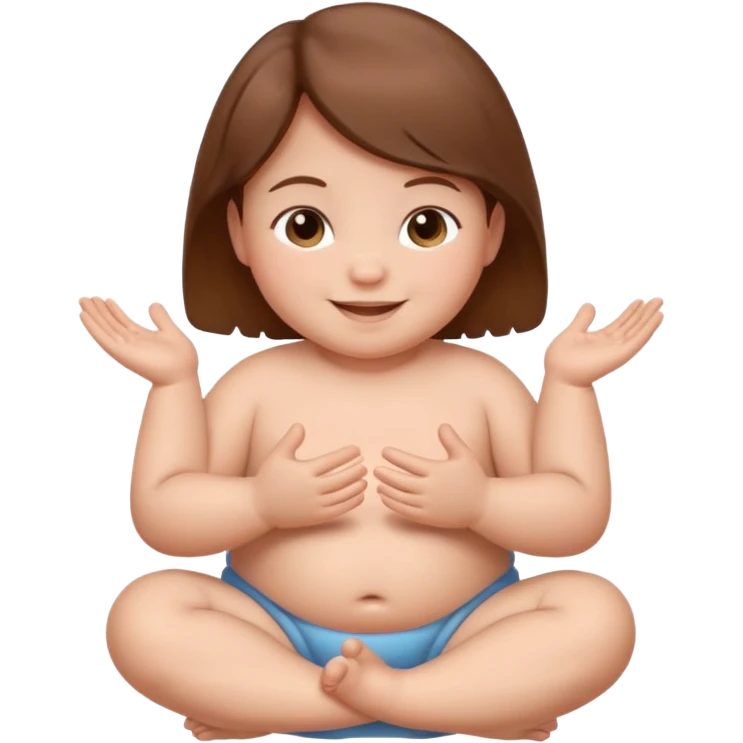 A smiling newborn with brown hair, sitting, moving its arms and hands. emoji