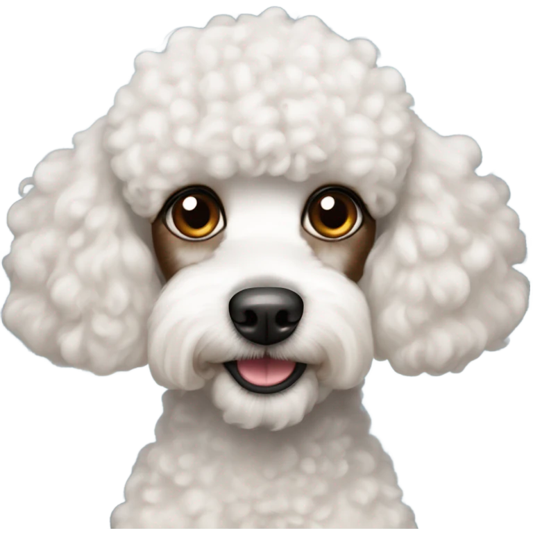 White mini poodle with brown patch of fur around eye emoji