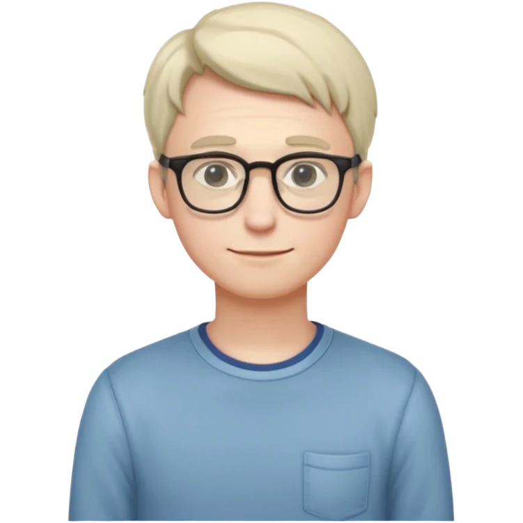 Timid adult male, pale skin, slim, soft features, glasses, slightly hunched posture, shy smile, casual nerdy clothes, small subtle blush, readable at small size, distinct from all other roles emoji