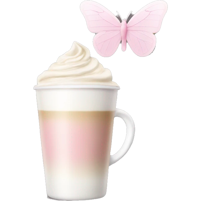 Latte coffee with the pastel pink glass and a white butterfly sticker emoji