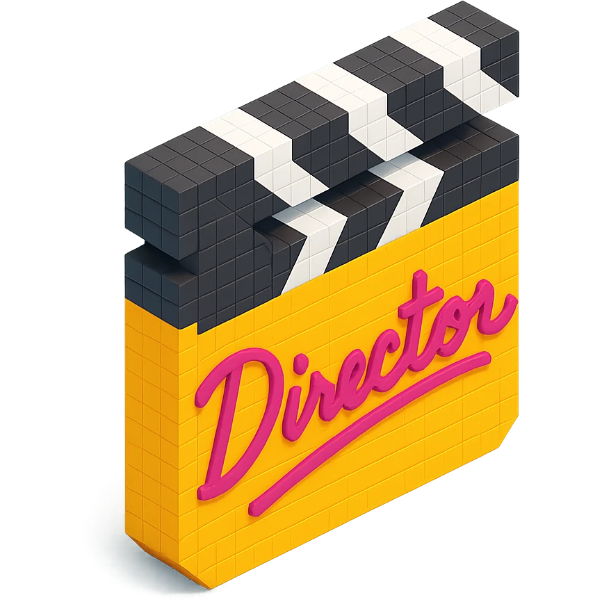 voxel style movie clapperboard with a cursive director's signature, isometric view emoji