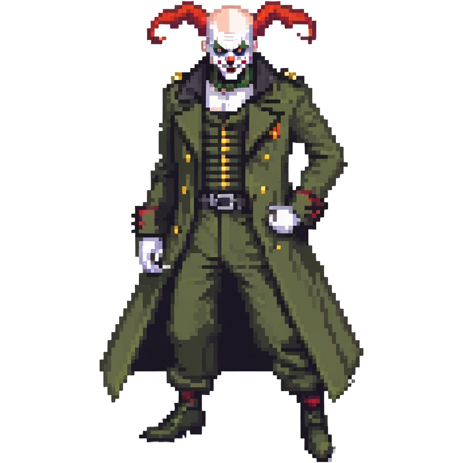 evil clown soldier, bald, small black satan horns on forehead, fangs, pointed ears, eye patch over one eye, long coat over black and military green clothes with bellbottom pants, realistically proportioned, less bulky, full body, fighting stance emoji