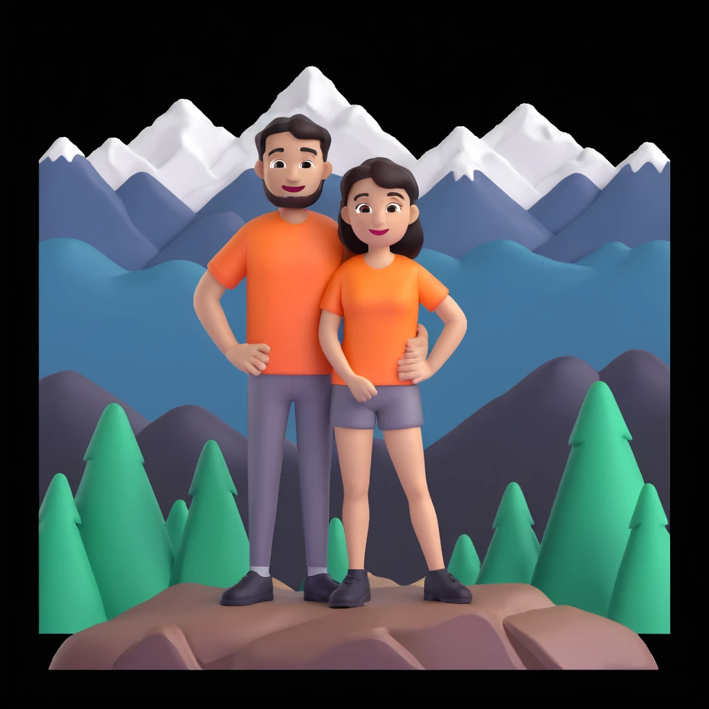 back packer couple posing, mountains in background,   close up pose emoji