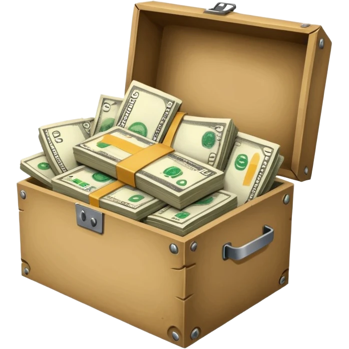 a bunch of miscellaneous stuff in a box, with a small pile of cash note on the side, indicating that this box is for sale emoji