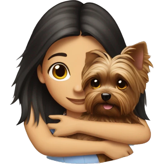 Brunette girl hugs yorkie dog emoji