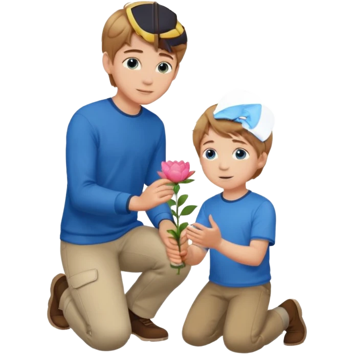 the boy on his knee and giving a folower to someone  emoji