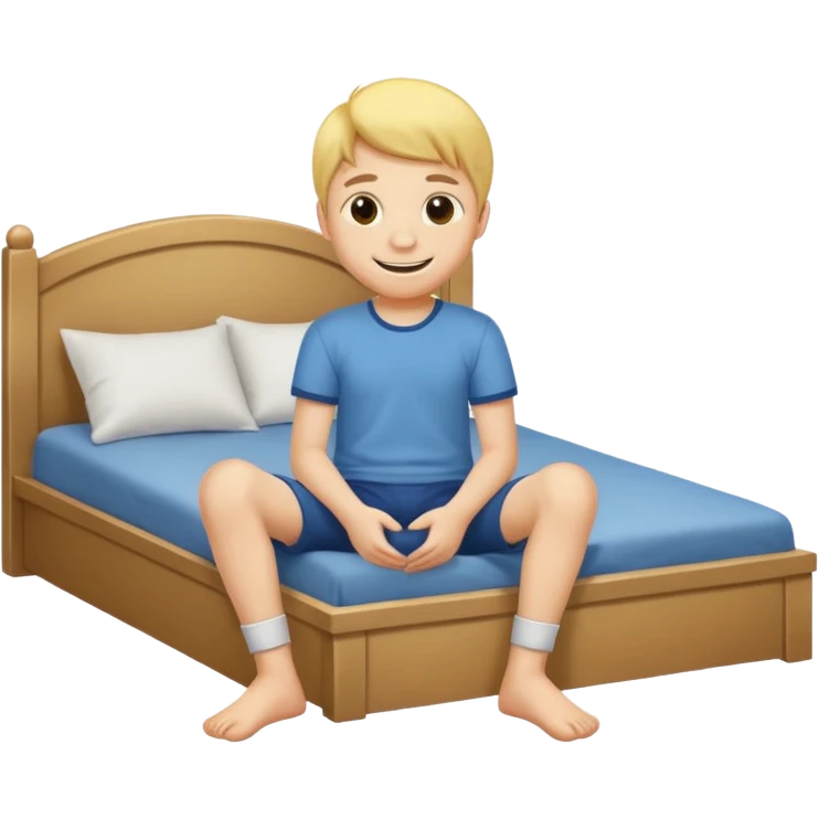 emoji- of a smiley boy sitting at the edge of the bed with legs on the floor emoji