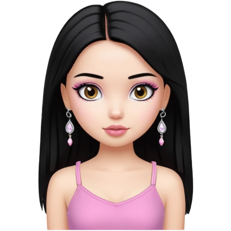 generate a pretty bratz girl with a pink cami top, straight black hair, silver jhumkas on emoji