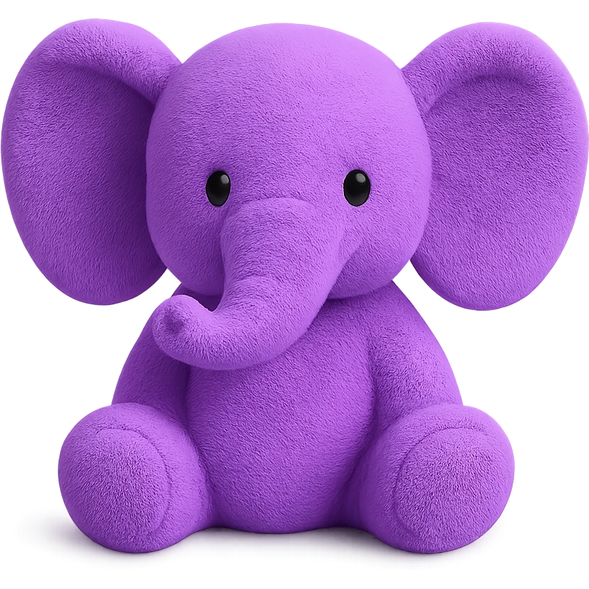 A plush elephant with large floppy ears, a raised trunk, and gentle eyes. The elephant has a soft, cuddly appearance with visible fabric texture. emoji