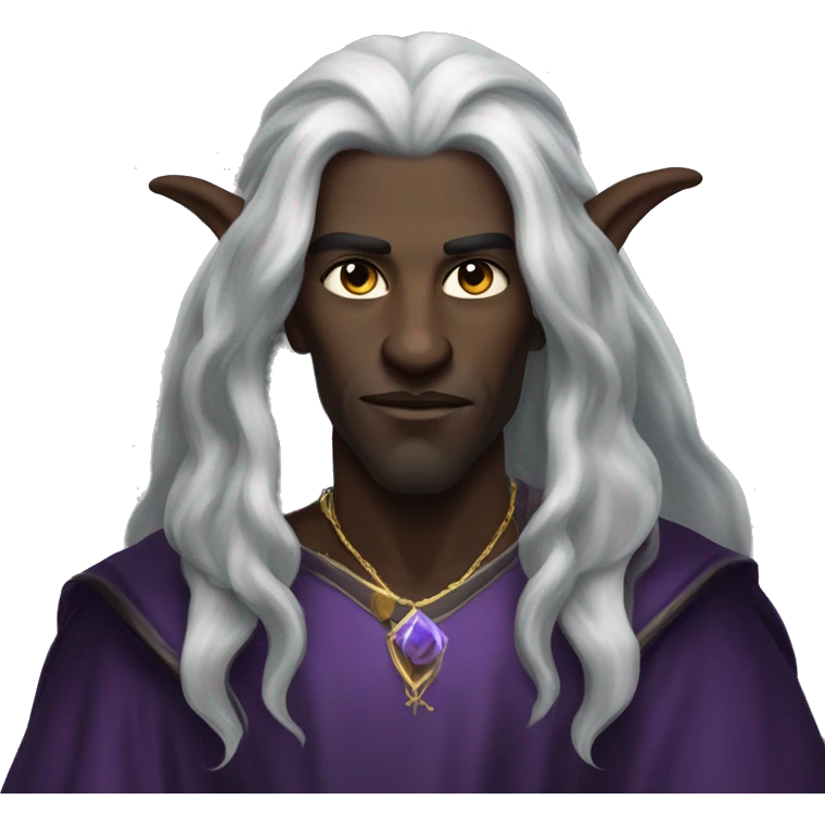  A black male high elf that is a witch fortune teller that has large, pointed ears with long black curly hair past his back emoji