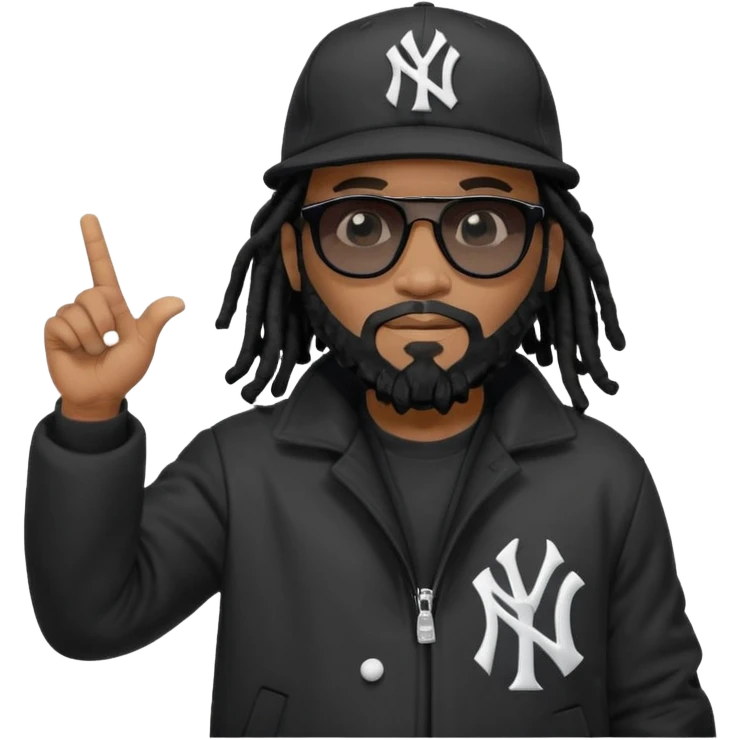 African American man with shoulder length black dreadlocks with black beard wearing black sunglasses wearing a black New York Yankees logo baseball cap wearing a black bubble winter coat pointing to sky emoji