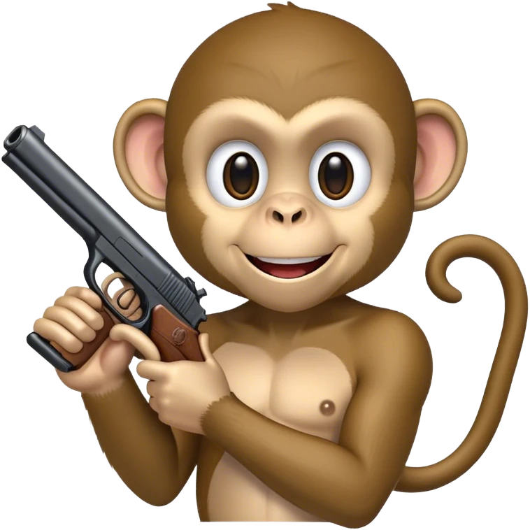 Monkey smiling while holding a fake gun straight in front of him emoji