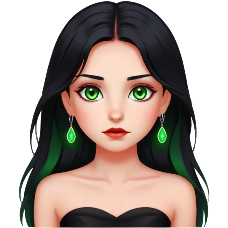 Girl with green eyes. Black hair with red underlights and frontlights hair. Long hair. Black strapless crop top. Very elegant. Skinny face with birthmark under left cheek. emoji