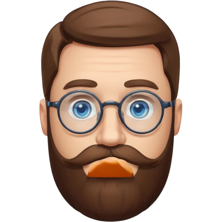 White man with blue eyes, long brown hair, large round glasses, mustache and beard emoji