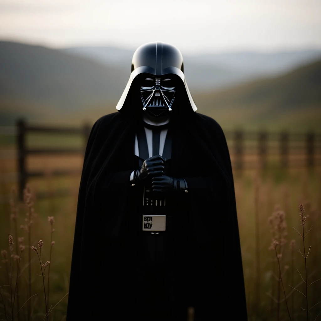 A portrait of a Darth vader in the foreground, blurred plants in the foreground (close to the camera), a wooden fence in the midground, rolling hills in the background, cinematic depth of field, layered composition, natural lighting emoji