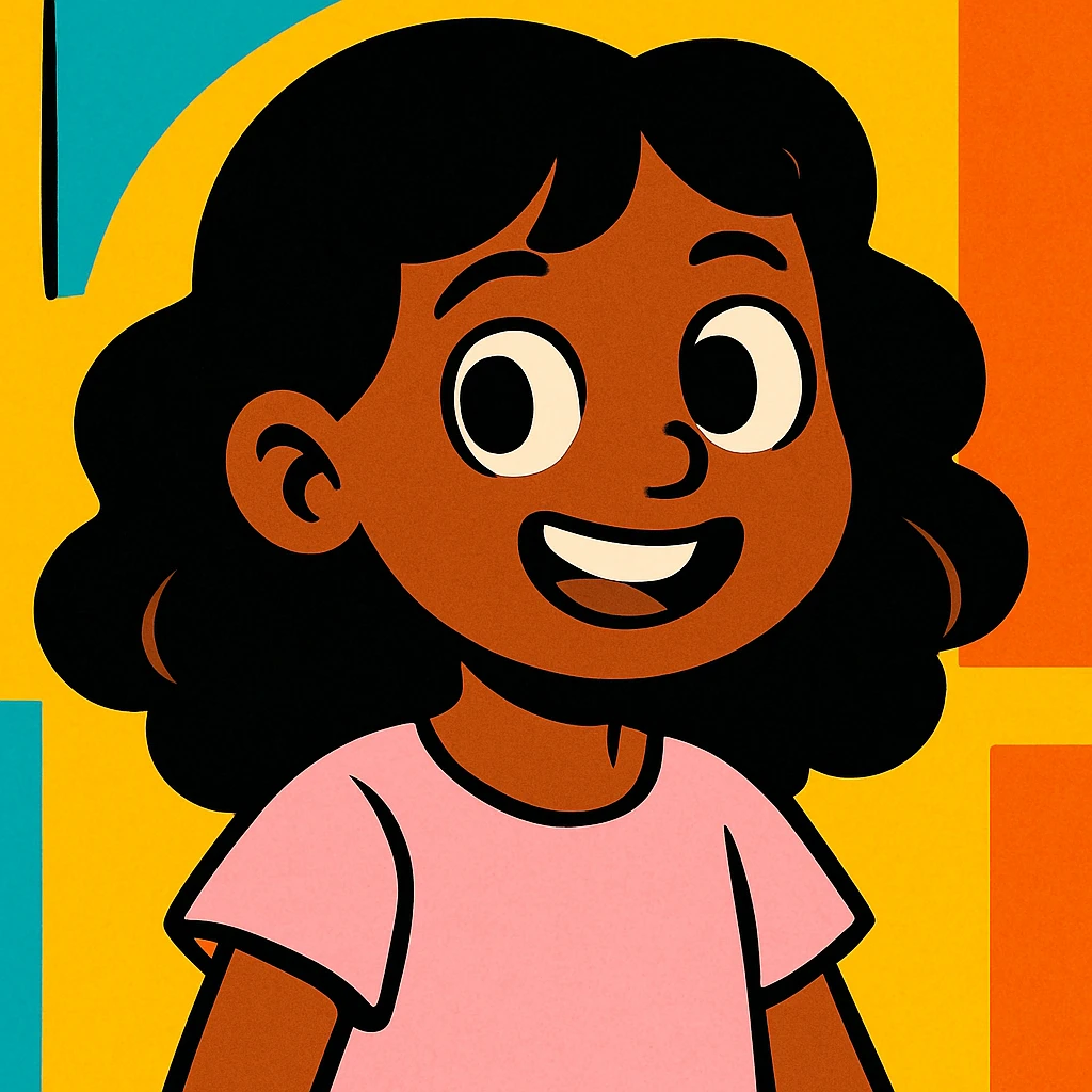 brown girl with black wavy hair, wearing a cute light pink shirt, vibrant cartoon style emoji